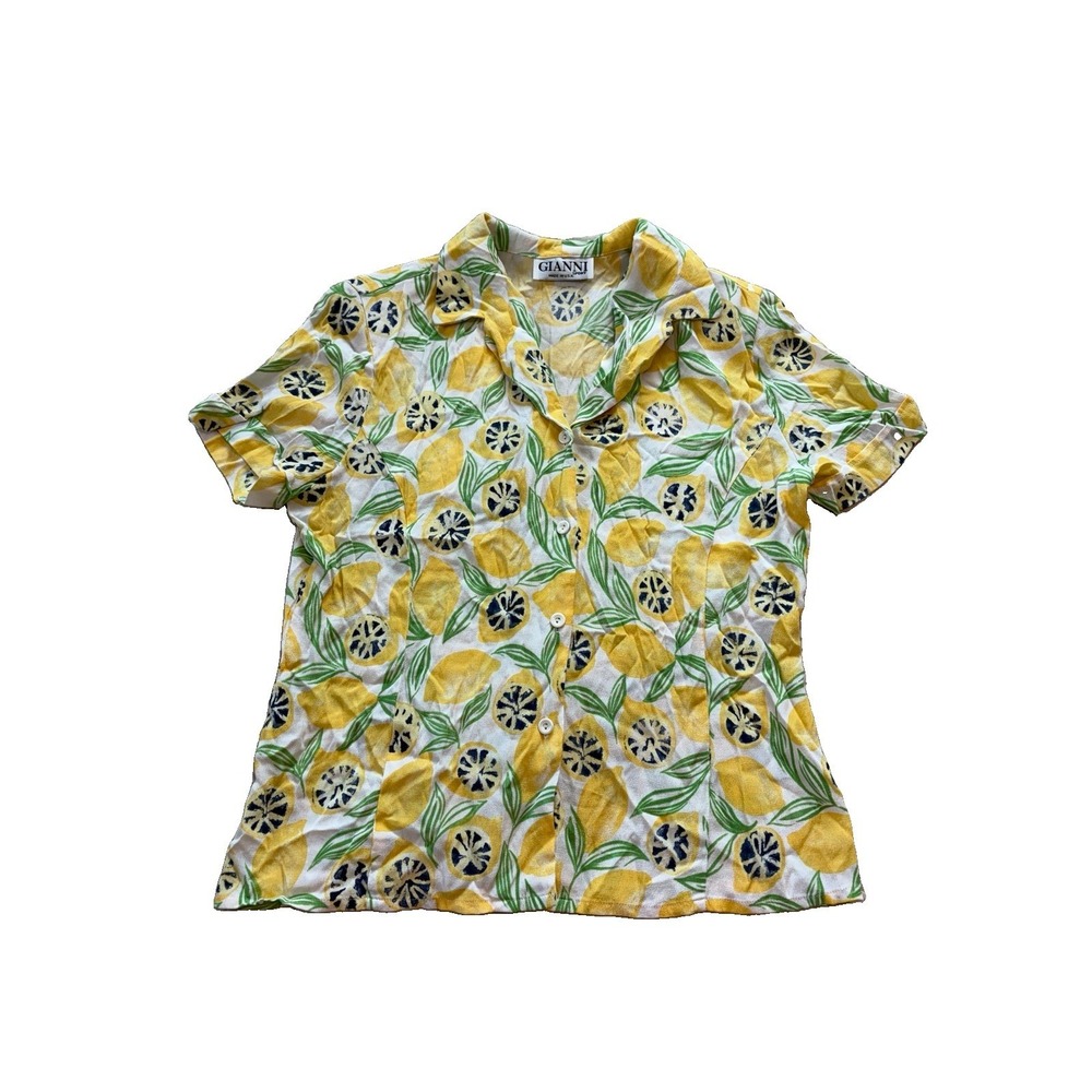 Vintage Lemon Print Shirt Women's Size 10 Made In USA Rayon Euro Summer Coastal
